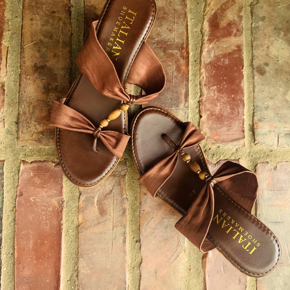 Italian Shoemaker Brown Beaded Thong Wedges